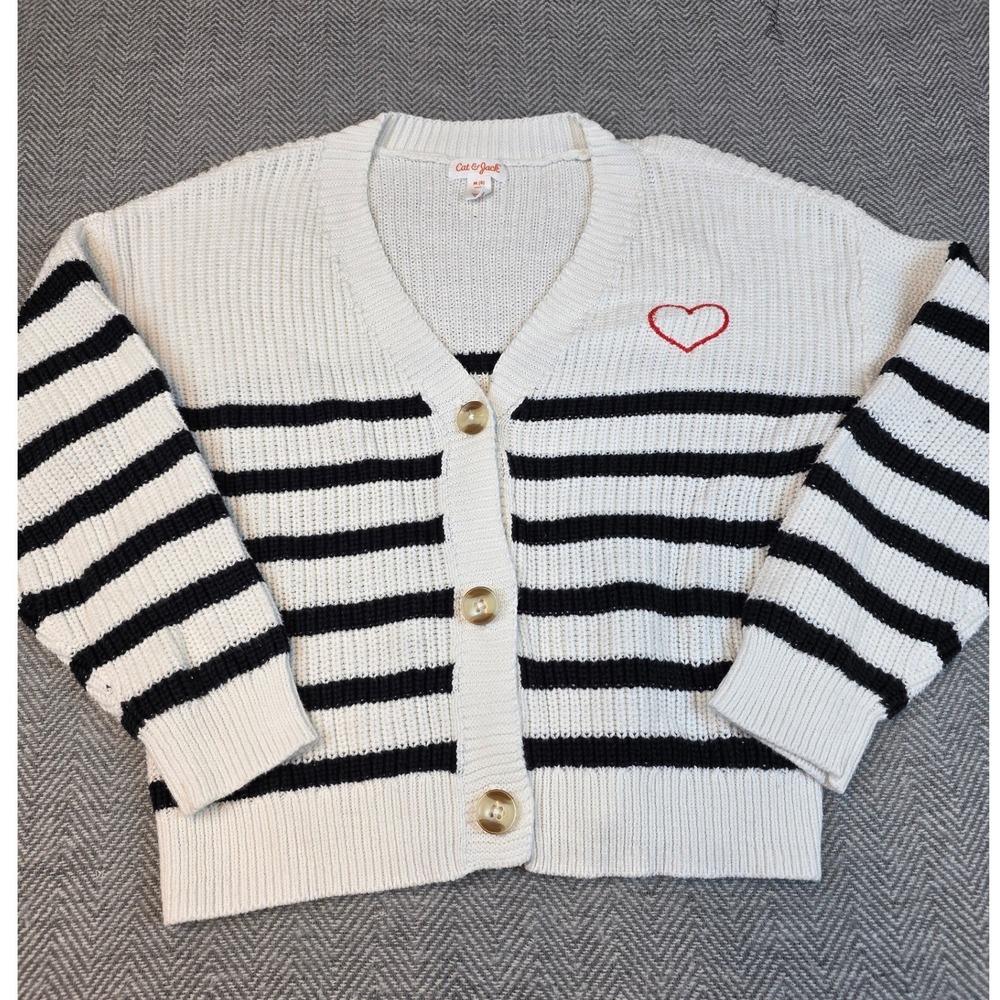 Cat & Jack Girls White Black Striped Heart Cardigan Sweater Size M 8